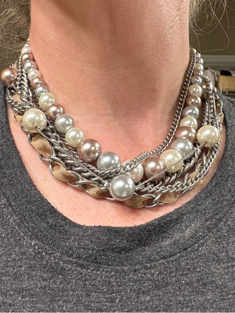 Multi-Strand Pearl & Chain Statement Necklace - Mixed Metallics